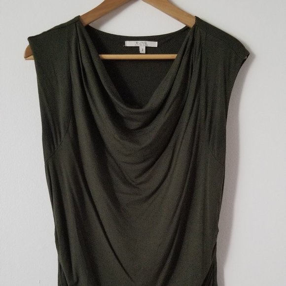 SUNG - Size Small Olive Green Ruched Cowl Neck Top - Picture 1 of 5